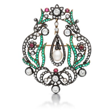 View full screen - View 1 of Lot 117. Ruby, emerald, pearl, seed pearl and diamond brooch, late 19th century.