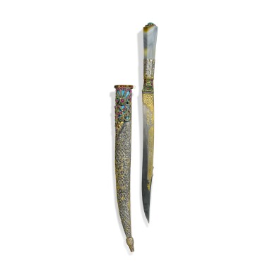 View full screen - View 1 of Lot 135. An Ottoman dagger with banded-agate hilt and jewelled silver scabbard, Turkey, 19th century.