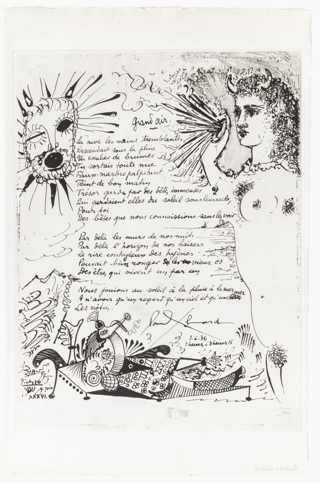 View full screen - View 1 of Lot 124. Les Yeux fertiles. 1936. Broché. Exemplaire de Dora Maar avec envoi d'Éluard. Avec la rare gravure "Grand Air" de Picasso réservée aux 10 exemplaires de tête..