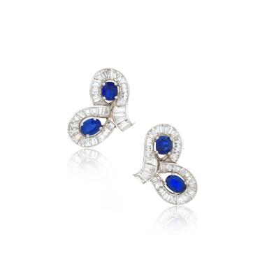 View full screen - View 1 of Lot 588. Pair of sapphire and diamond ear clips, circa 1950.