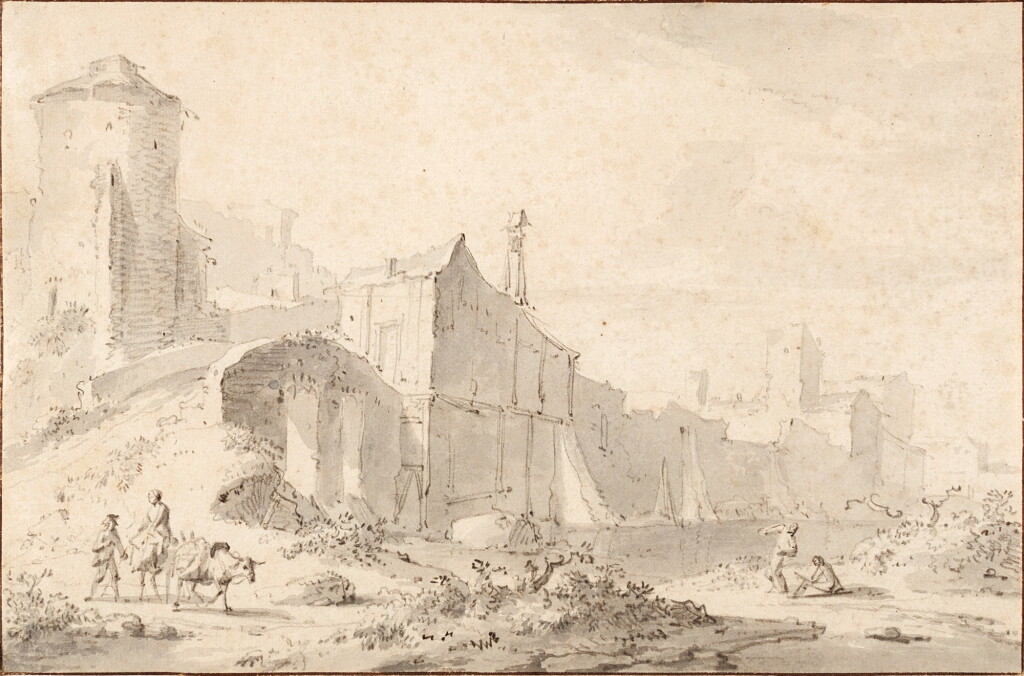 View full screen - View 1 of Lot 257. Travellers by a bridge, outside the walls of a town.