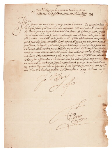 View full screen - View 1 of Lot 97. Philip II, King of Spain | Letter signed, to Ottavio Farnese, the Duke of Parma, Brussels, 22 January 1557.