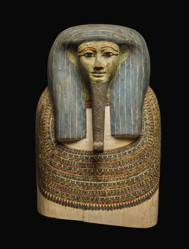 View full screen - View 1 of Lot 62. THE UPPER PART OF AN EGYPTIAN POLYCHROME WOOD COFFIN LID, 25TH/EARLY 26 DYNASTY, CIRCA 750-600 B.C..