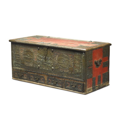 View full screen - View 1 of Lot 47. A close-nailed and fret brass-mounted red painted chest, Zanzibar, late 19th/early 20th century.