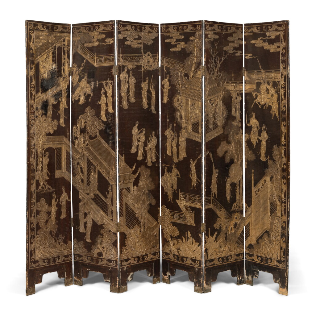 View full screen - View 1 of Lot 689. A carved six-panel gilt and black lacquer screen, Qing dynasty, 18th century | 清十八世紀 黑漆描金人物故事圖六扇屏風.