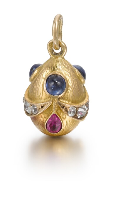 View full screen - View 1 of Lot 68. A jewelled gold egg pendant, maker's mark H.S, circa 1900.