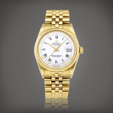 View full screen - View 1 of Lot 8730. Oyster Perpetual Date, Reference 15037 | A yellow gold wristwatch with date and bracelet, Circa 1987 | 勞力士 | Oyster Perpetual Date 型號15037 | 黃金鏈帶腕錶,備日期顯示,約1987年製.