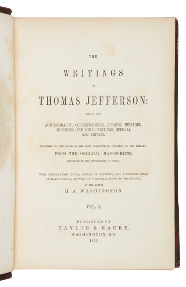 View full screen - View 1 of Lot 42. Jefferson, Thomas | The first attempt to comprehensively collect Jefferson's writings.