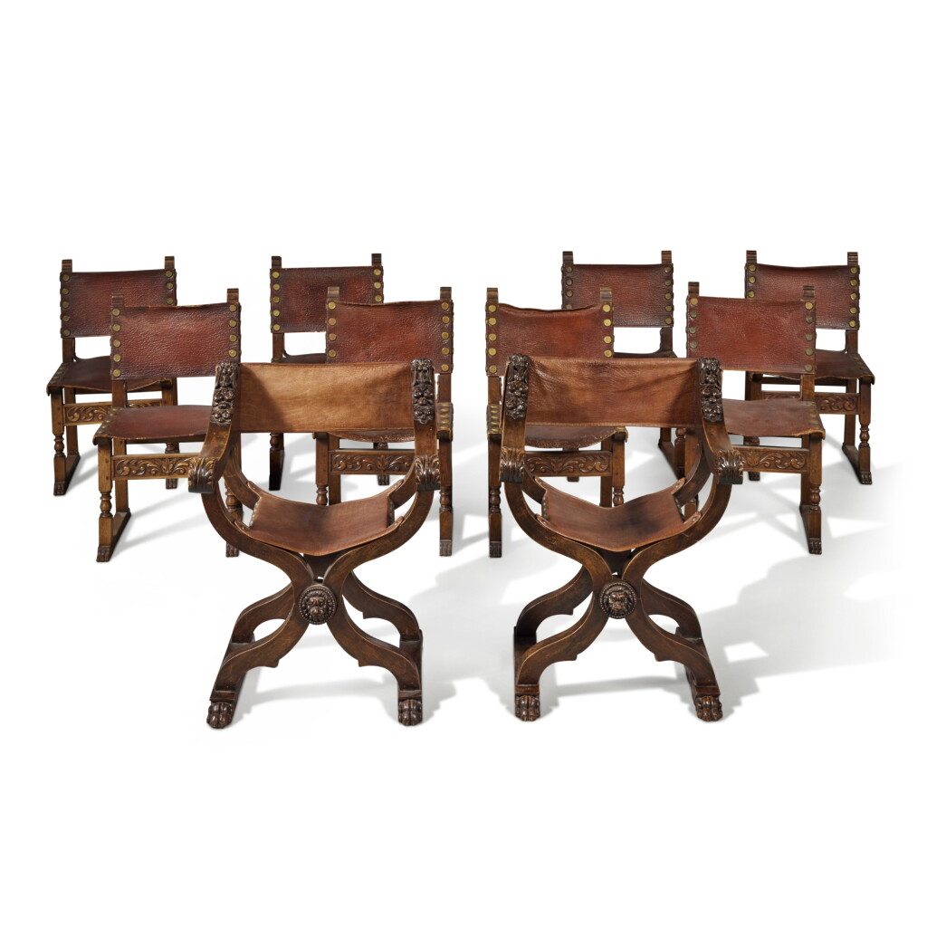 View full screen - View 1 of Lot 77. A Pair of Italian Renaissance Style Carved Walnut Savonarola Chairs, Late 19th Century.