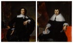 Portrait of a man standing before a desk and curtain, three-quarter length; Portrait of a woman seated before a landscape and curtain