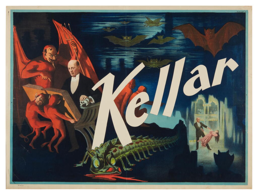 View full screen - View 1 of Lot 374. Kellar, Harry (Heinrich Keller) | A macabre Kellar poster featuring a vignette of his famous levitation illusion.