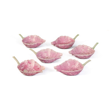 View full screen - View 1 of Lot 475. A group of six inscribed famille-rose lotus-form water droppers, Dated Guangxu 34th year, corresponding to 1908.