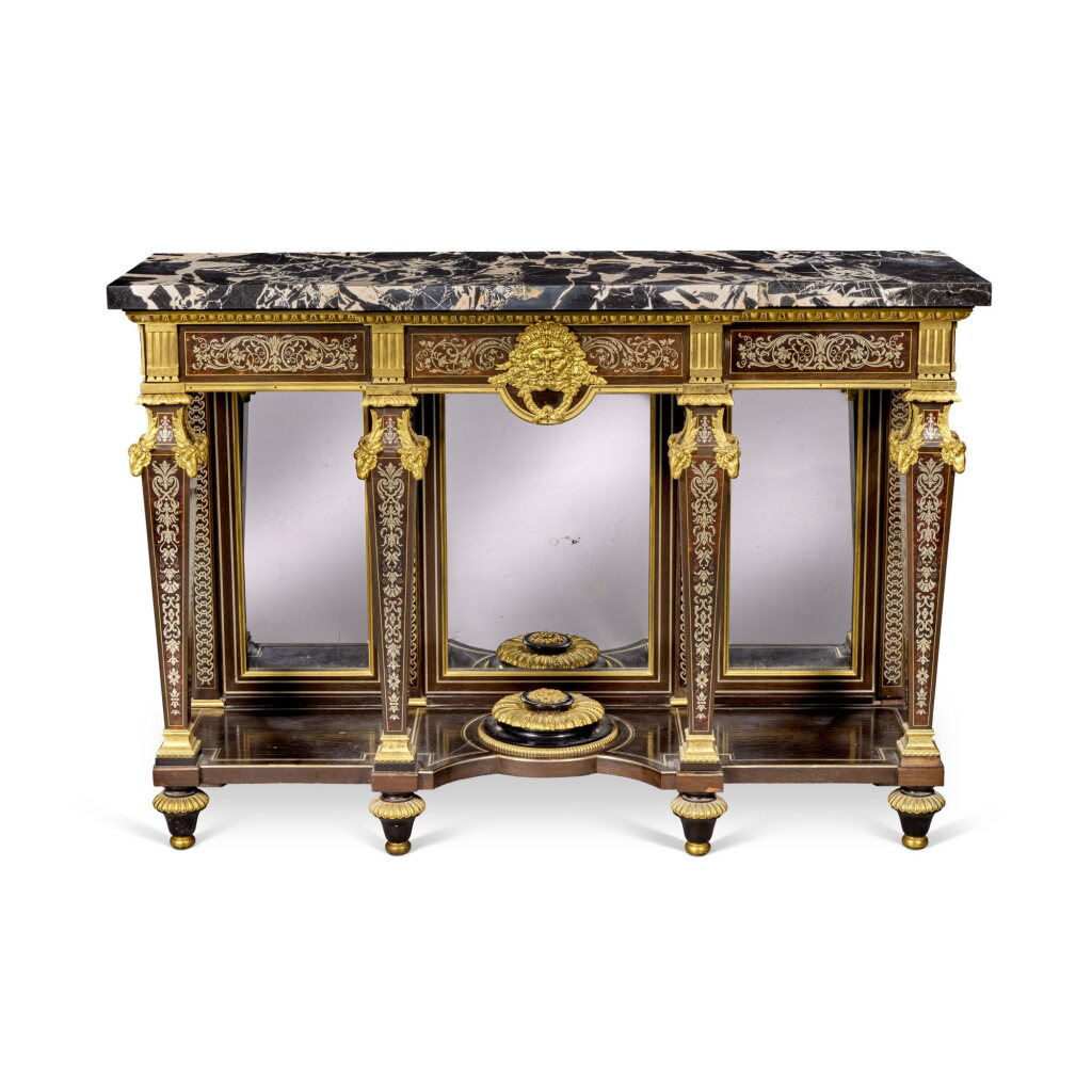 View full screen - View 1 of Lot 140. A Louis XVI Style Gilt-Bronze Mounted Pewter and Brass Inlaid Tortoiseshell and Ebony Console Table, Circa 1880, Stamped Twice G. Durand.