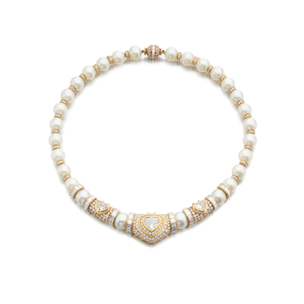 View full screen - View 1 of Lot 810. Cultured pearl and diamond necklace, 1980s.