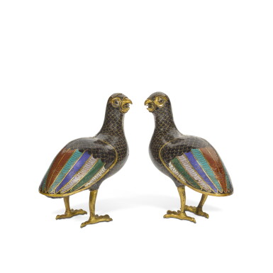 View full screen - View 1 of Lot 76. A pair of cloisonné enamel ‘quail’ incense burners and covers, Qing dynasty, 18th century.