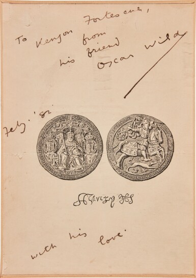 View full screen - View 1 of Lot 110. Oscar Wilde | Signed inscription, to Kenyon Fortescue, 1882, framed with a photograph.