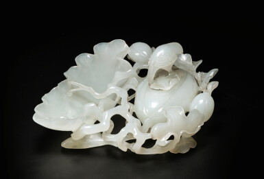 View full screen - View 1 of Lot 435. A white jade 'melon and magpie' brush washer and cover, Qing dynasty, 18th / 19th century.