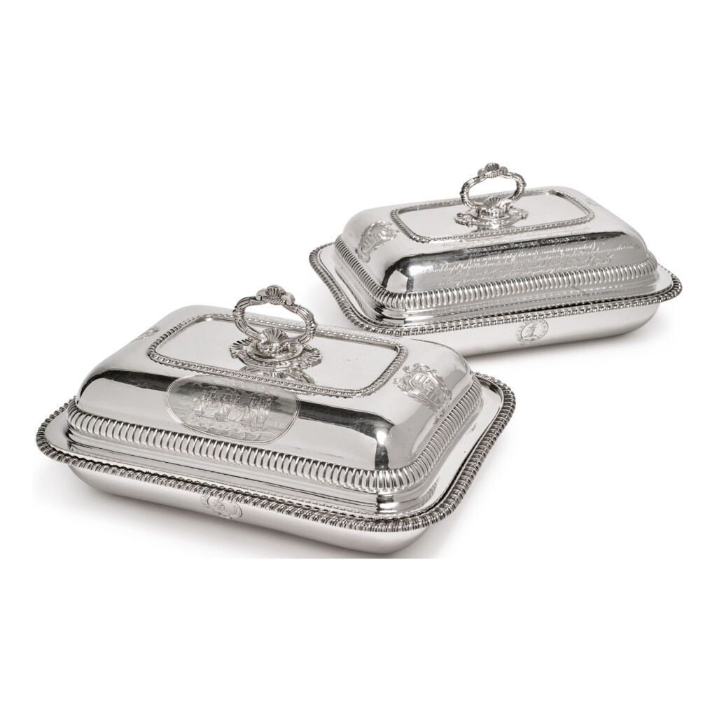 View full screen - View 1 of Lot 132. A PAIR OF REGENCY SILVER VEGETABLE DISHES AND COVERS, JOSEPH ANGELL, LONDON, 1813.