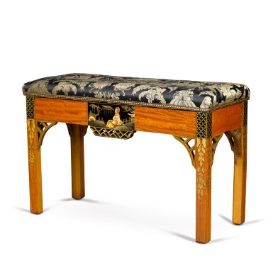 View full screen - View 1 of Lot 525. An English gilt and black japanned satinwood duet stool, circa 1920-30, attributed to S. Hille & Co..