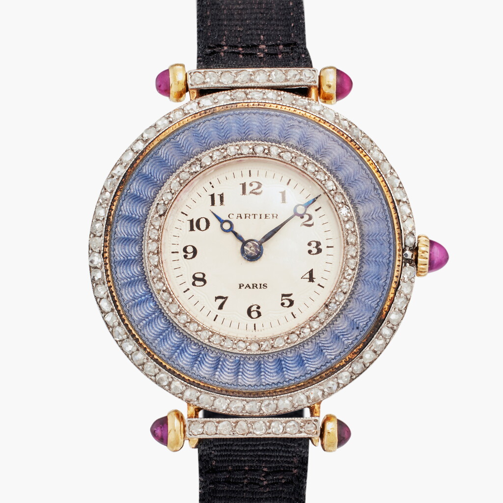 View full screen - View 1 of Lot 104. Diabolo | A yellow gold, platinum, enamel and diamond-set lady’s wristwatch with guillochéd Paris dial, Circa 1908 .
