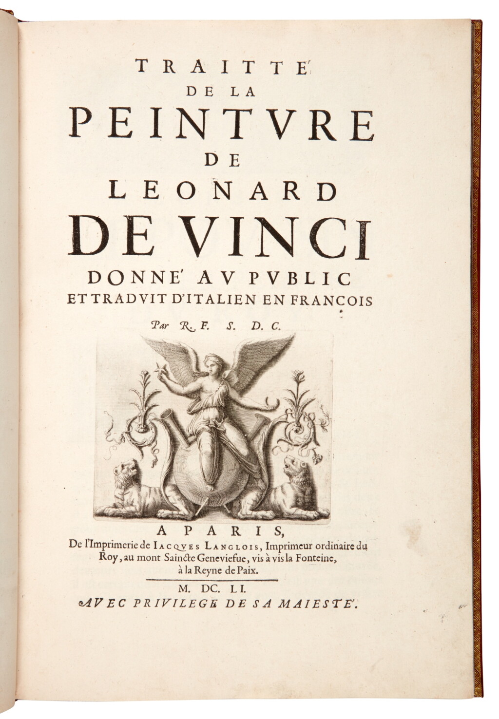 View full screen - View 1 of Lot 550. Leonardo da Vinci, Traitté de la peinture, Paris, 1651, modern red morocco gilt in period style.