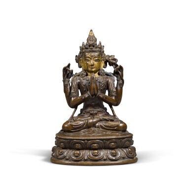 View full screen - View 1 of Lot 242. A parcel-gilt bronze figure of Shadakshari Avalokiteshvara, Ming dynasty, 15th / 16th century.