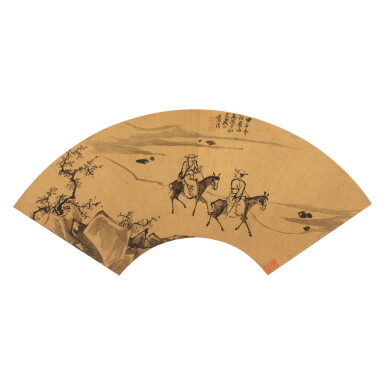 View full screen - View 1 of Lot 608. Lan Ying 1585-1666 Traveling on Donkeys | 藍瑛 1585-1666 騎驢並遊圖 水墨金箋 扇面.