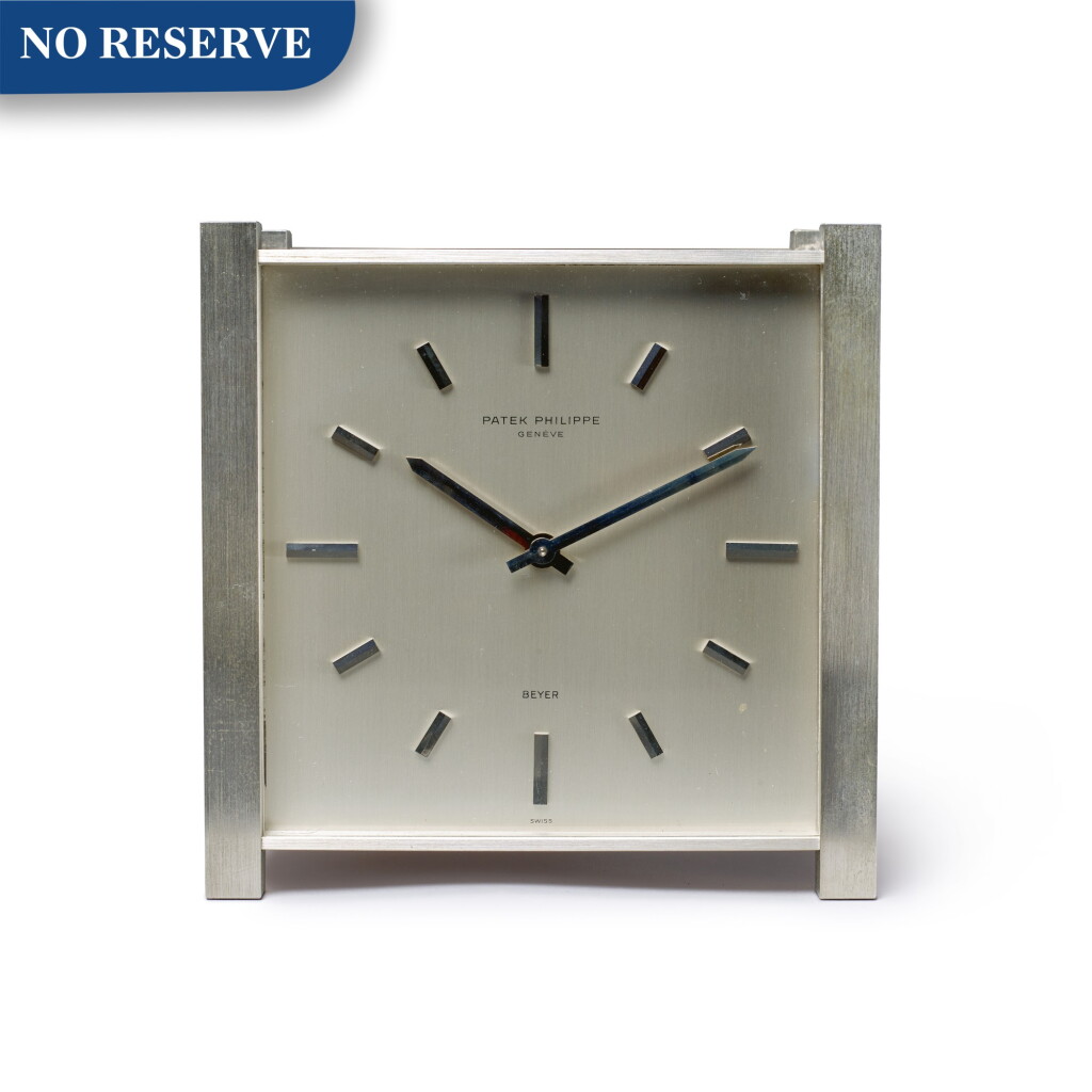 View full screen - View 1 of Lot 22. REFERENCE 902 PENDULE CARRÉE RETAILED BY BEYER: A RHODIUM PLATED SOLAR DESK CLOCK, CIRCA 1968.