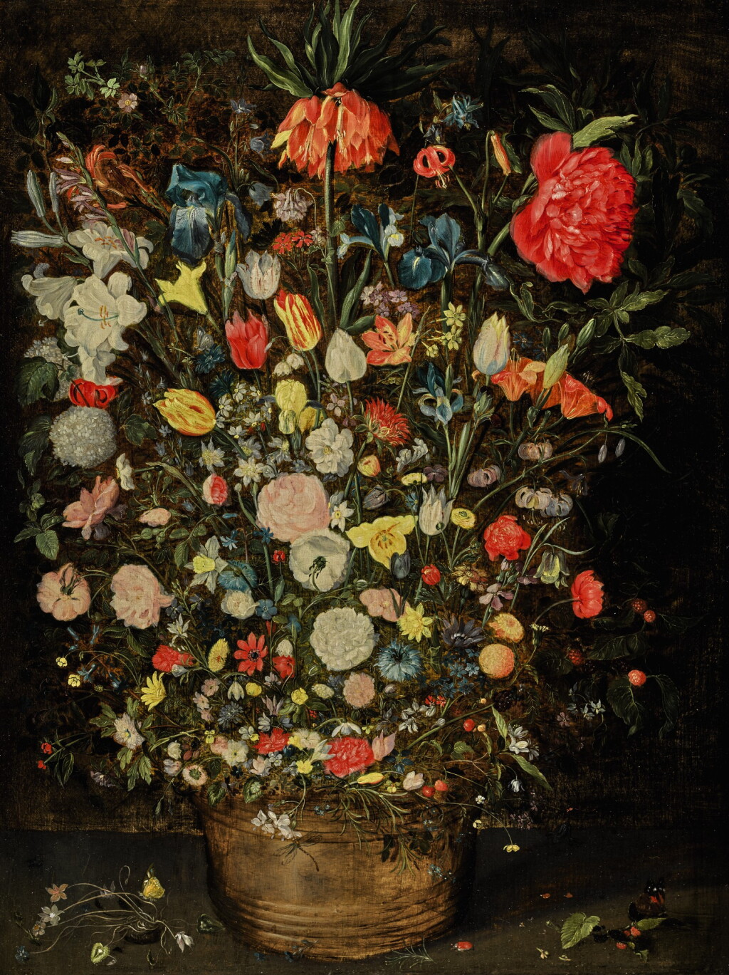 View full screen - View 1 of Lot 25. Still life with a large bouquet of flowers in a wooden bucket, including a crown imperial lily, roses, tulips and other flowers, with butterflies, insects and berries on the shelf beneath |《靜物畫:木盆裡的大束鮮花,包括一朵冠花貝母、玫瑰、鬱金香,盆架上有蝴蝶、昆蟲、莓果》.