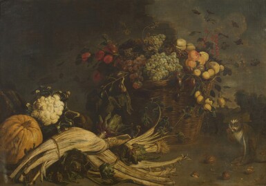 View full screen - View 1 of Lot 1068. Still life with fruits in a wicker basket, vegetables and a monkey.