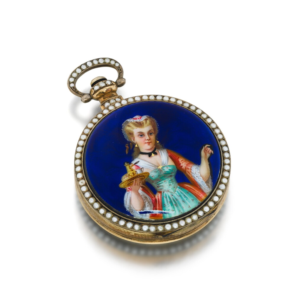 View full screen - View 1 of Lot 1098. A gilt metal and pearl-set open-faced centre seconds watch made for the Chinese market, circa 1850.