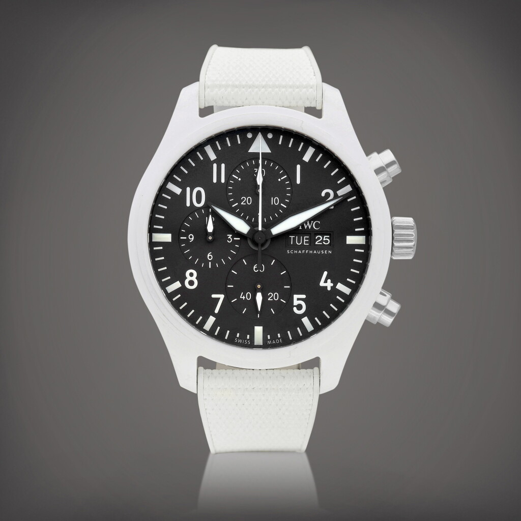 View full screen - View 1 of Lot 8908. Pilot Top Gun "Lake Tahoe", Reference IW389105 | A white ceramic chronograph wristwatch with day and date, Circa 2022 | 萬國 | Pilot Top Gun "Lake Tahoe" 型號IW389105 | 白色陶瓷計時腕錶,備日期及星期顯示,約2022年製.