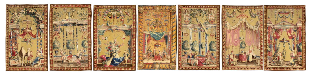 View full screen - View 1 of Lot 8. A suite of seven Beauvais tapestry fragments from the serie 'Les Grotesques', early 18th century | Suite de sept fragments de la tenture des Grotesques, manufacture royale de Beauvais, début du XVIIIème siècle.