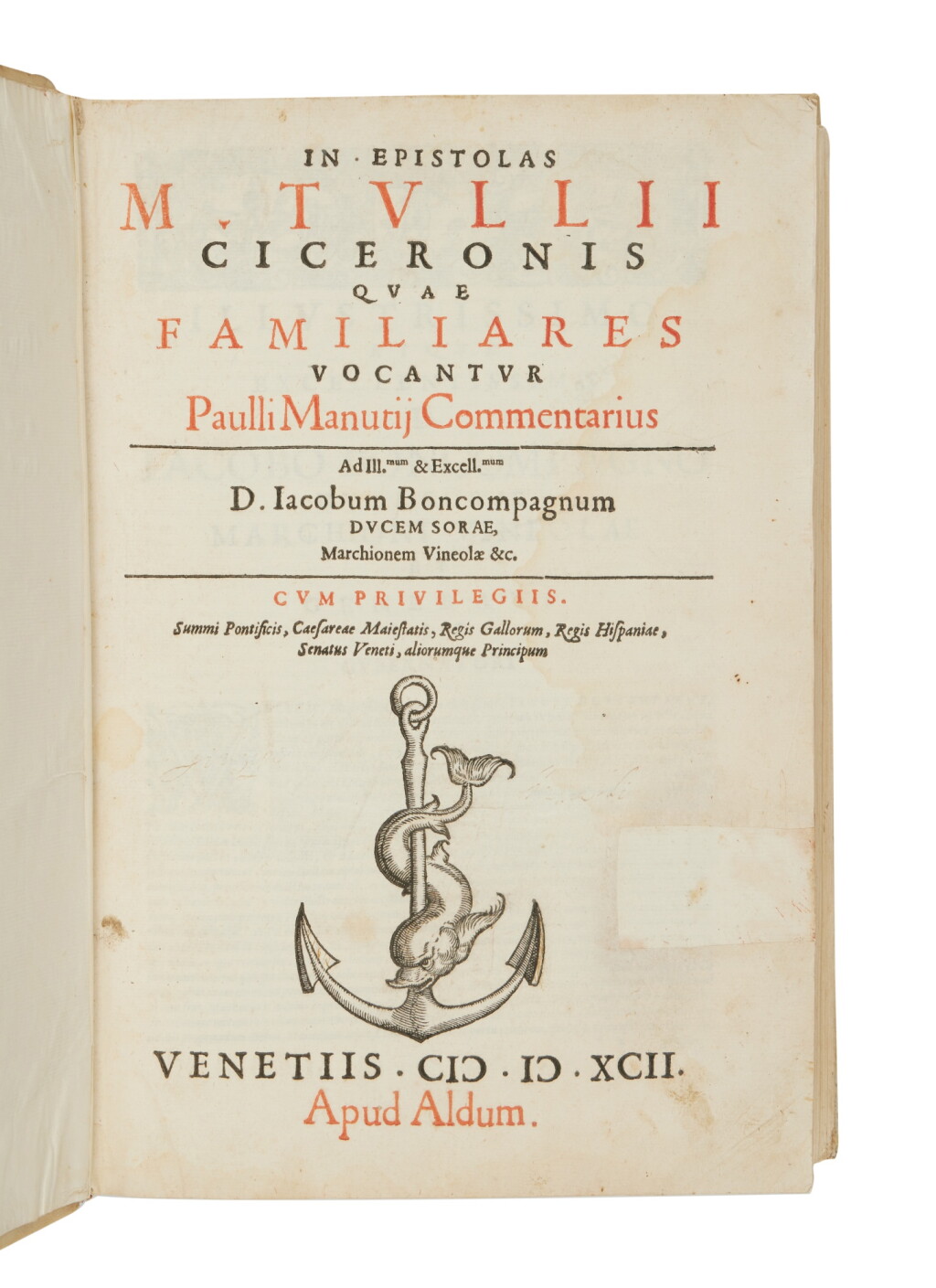 View full screen - View 1 of Lot 964. Manuzio, epistolas M. Tullii Ciceronis, Venice, Aldo II, 1592, eighteenth-century vellum.