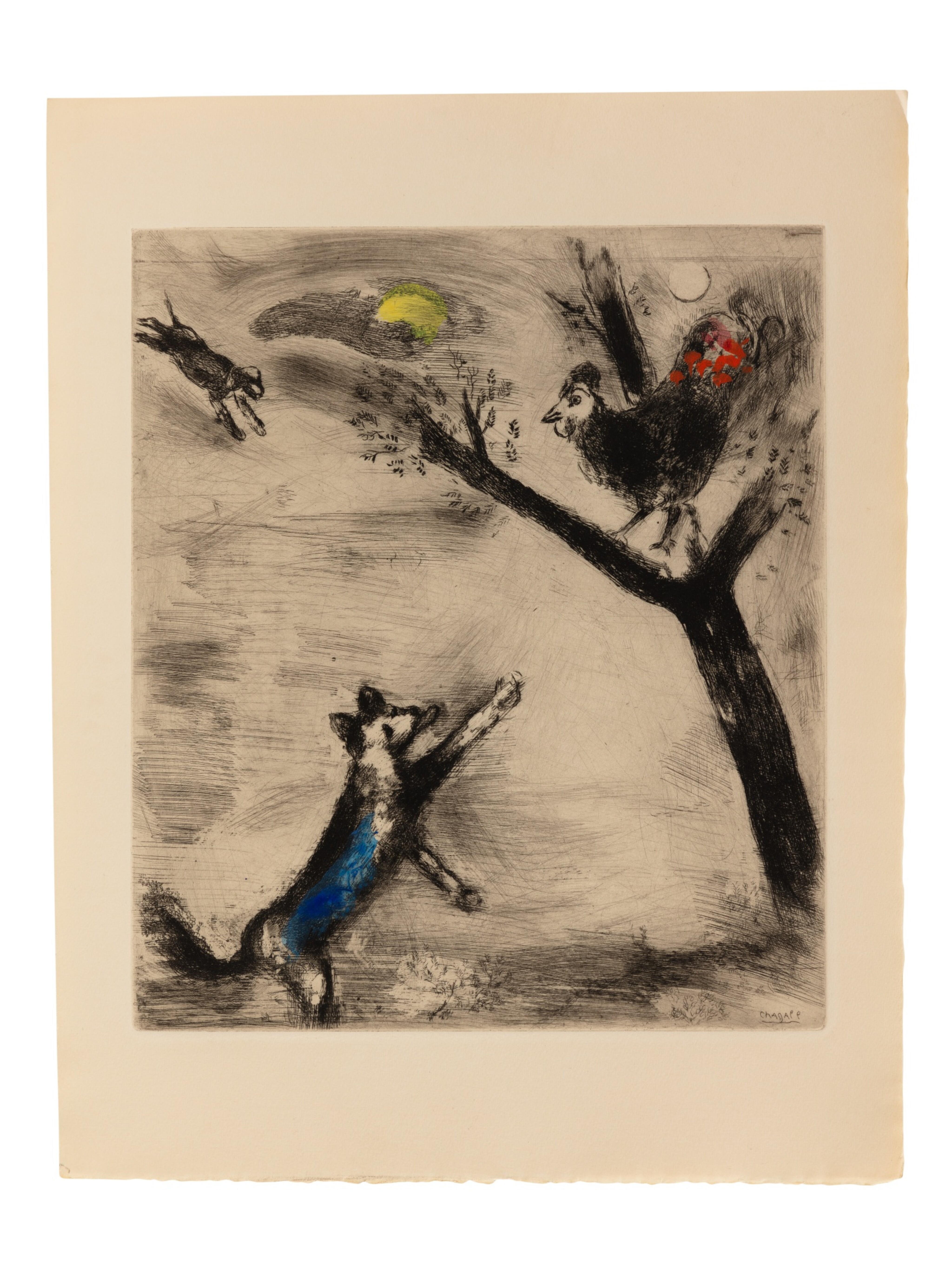 View full screen - View 1 of Lot 42. Les Fables 1952. 102 etchings. One of the first 40 copies, with the plates hand-painted by Chagall, including two suites, one on Japan nacré, the other on Montval. 4 volumes..