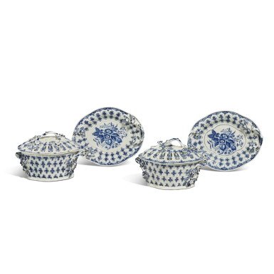 View full screen - View 1 of Lot 95. Two Worcester Porcelain Transfer-Printed Blue and White Chestnut Baskets, Reticulated Covers, and Stands, Circa 1770.