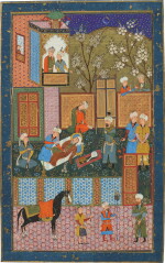 THE SULTAN AWAKENS THE DRUNKEN JUDGE AT DAWN, SCHOOL OF MAHMUD MUZAHHIB, CENTRAL ASIA, BUKHARA, SHAYBANID, THIRD QUARTER 16TH CENTURY