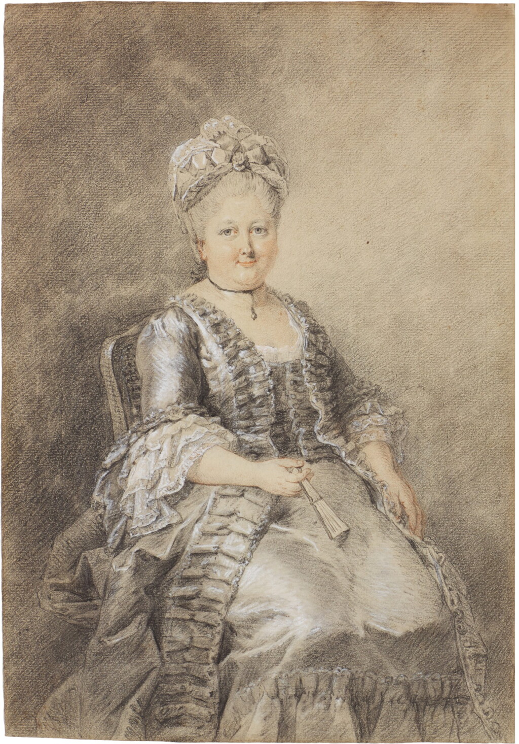 View full screen - View 1 of Lot 61. Seated lady in elegant attire, holding a fan.