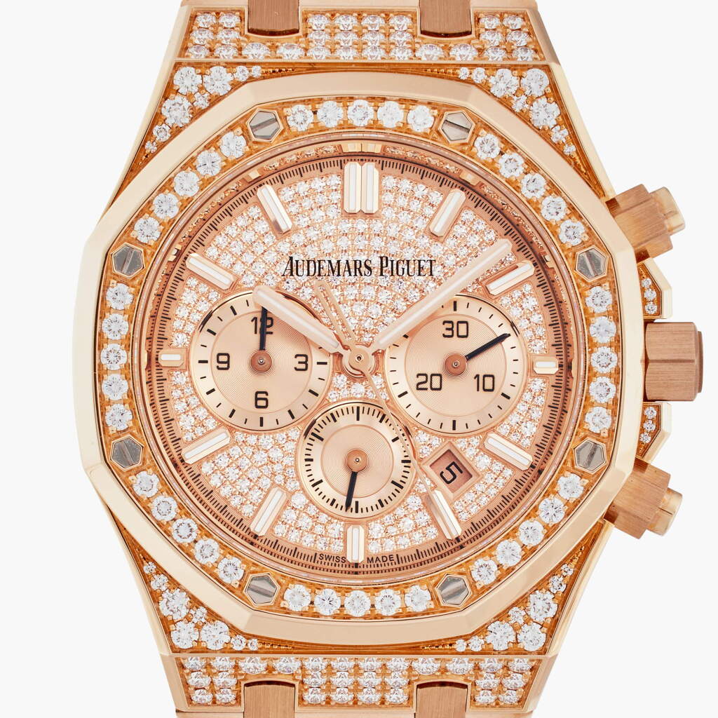 View full screen - View 1 of Lot 175. Reference 26242OR.ZZ.1322OR.02 Royal Oak | A pink gold and diamond-set automatic chronograph wristwatch with date and bracelet, Circa 2022.