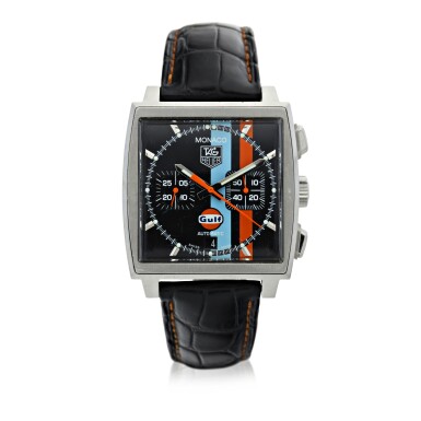 View full screen - View 1 of Lot 289. REFERENCE CW211A MONACO 'GULF' A LIMITED EDITION STAINLESS STEEL AUTOMATIC SQUARE SHAPED CHRONOGRAPH WRISTWATCH WITH DATE, CIRCA 2007.