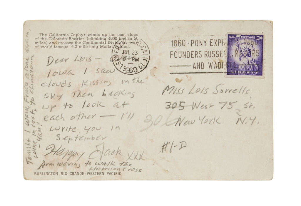 View full screen - View 1 of Lot 61. Kerouac, Jack | Autograph picture postcard signed to Lois Sorrells, describing his journey to Big Sur.