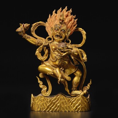 View full screen - View 1 of Lot 171. A gilt copper alloy figure of a Dakini to Varjravarahi, Qing dynasty, 18th century | 清十八世紀 銅鎏金金剛瑜伽母像.
