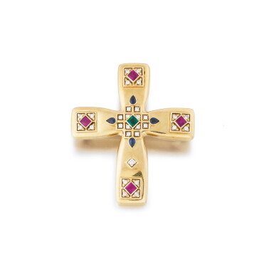 View full screen - View 1 of Lot 213. Broche-pendentif pierres de couleur et diamants | Gem-set and diamond brooch/pendant.