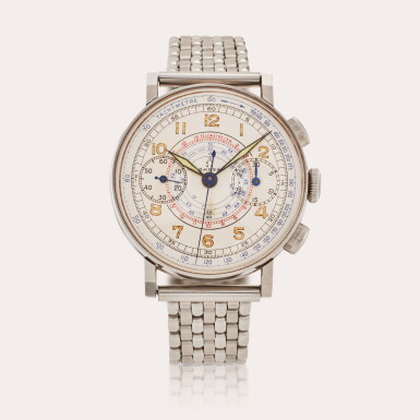 View full screen - View 1 of Lot 541. Reference CK 2393 | A stainless steel chronograph wristwatch with two-tone dial and bracelet, Circa 1940.