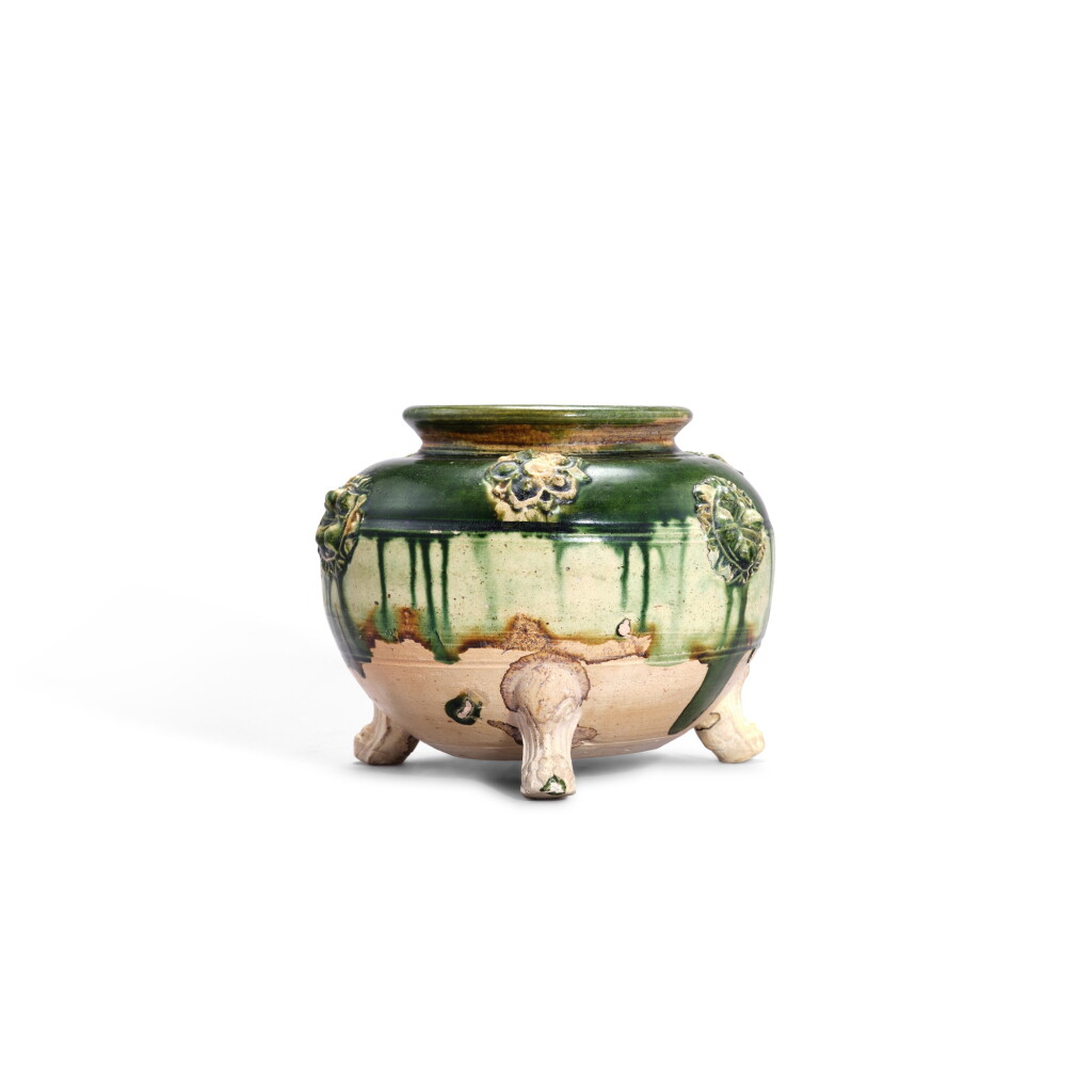 View full screen - View 1 of Lot 3454. A small appliqué-decorated sancai-glazed tripod incense burner, Tang dynasty | 唐 三彩貼花三足小爐.