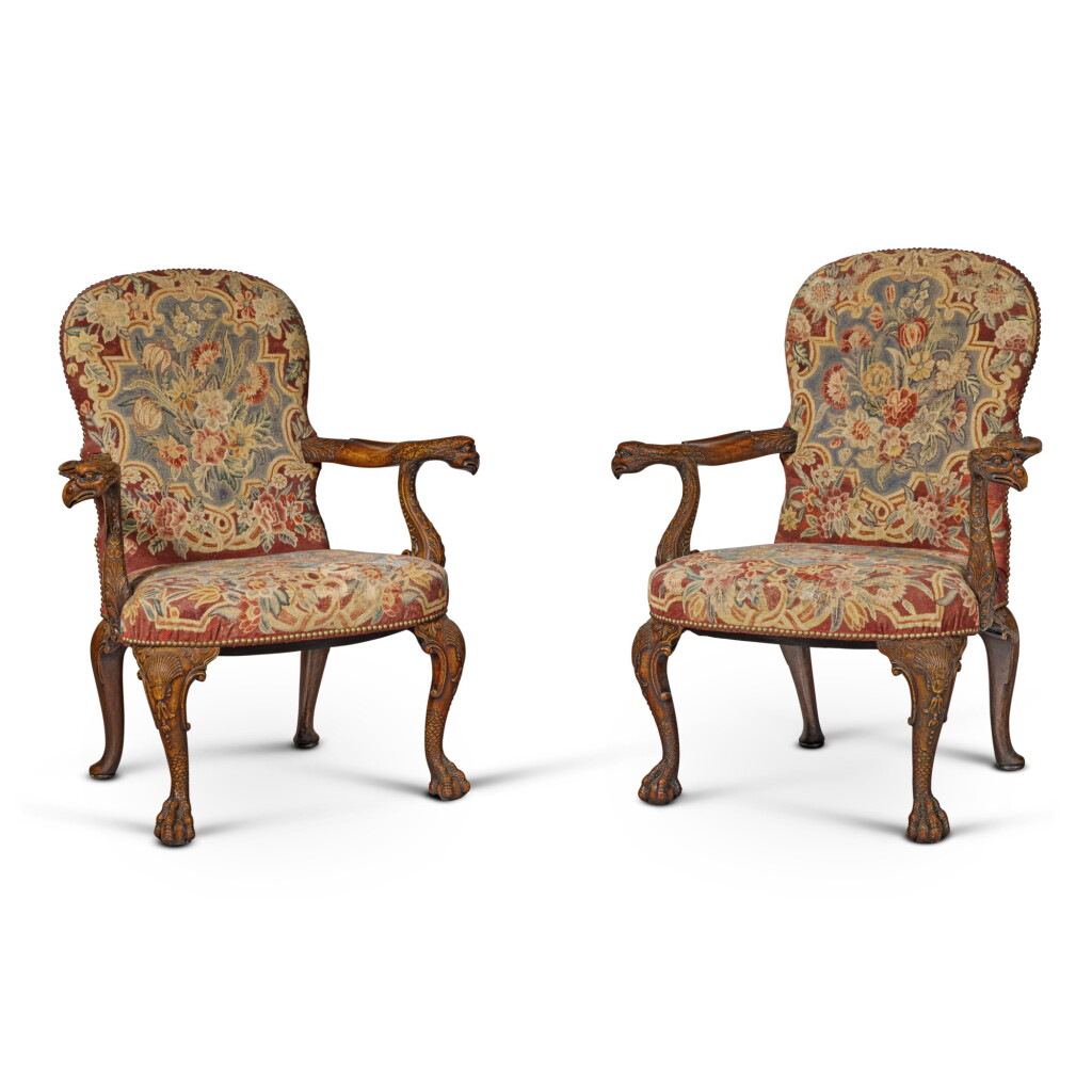 View full screen - View 1 of Lot 201. A Pair of George II Revival Walnut Open Armchairs with Petit Point Needlework Upholstery, Late 19th Century.