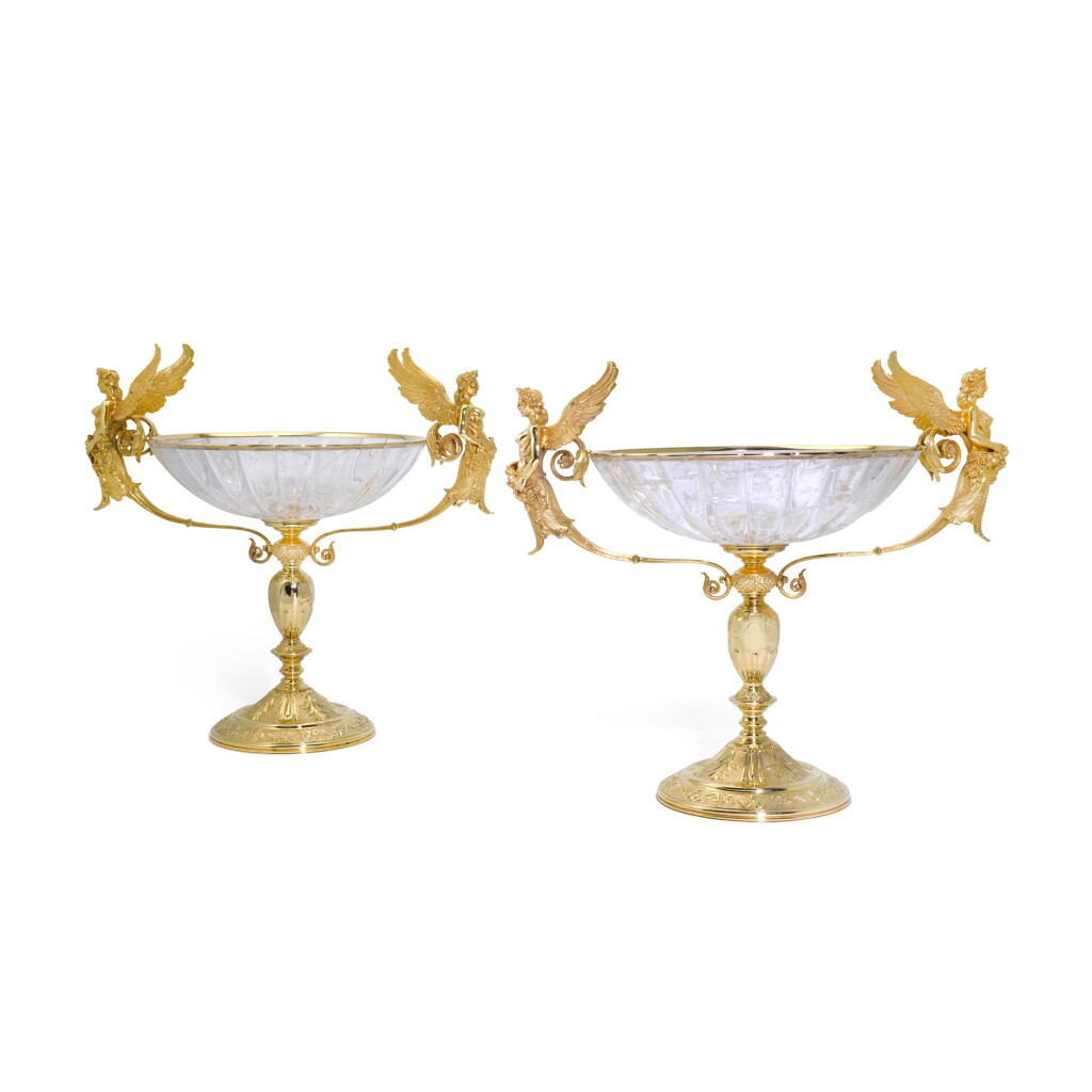 View full screen - View 1 of Lot 147. A pair of Swiss silver-gilt mounted rock crystal tazzas, retailed by Asprey, late 20th Century.