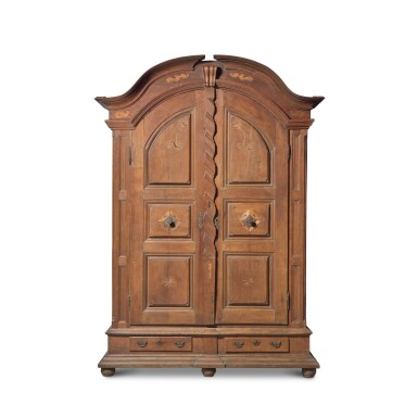 View full screen - View 1 of Lot 829. Important Queen Anne Inlaid Bonnet-Top Walnut Schrank, Lancaster or Chester County, Pennsylvania, Circa 1750.