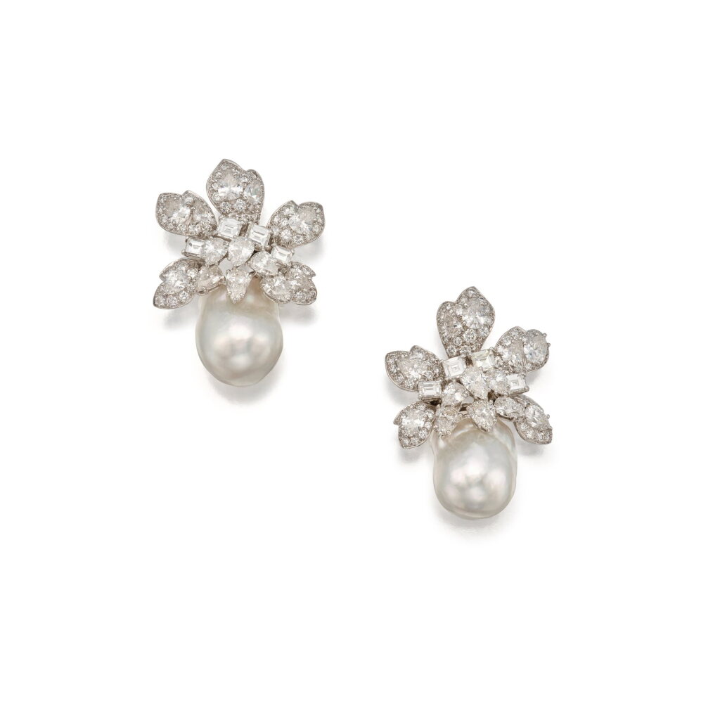 View full screen - View 1 of Lot 127. Pair of Baroque Cultured Pearl and Diamond Earclips.