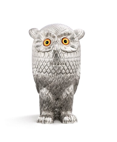 View full screen - View 1 of Lot 54. A modern silver wine-cooler in the form of an owl, maker's mark WW, London, 2000,.
